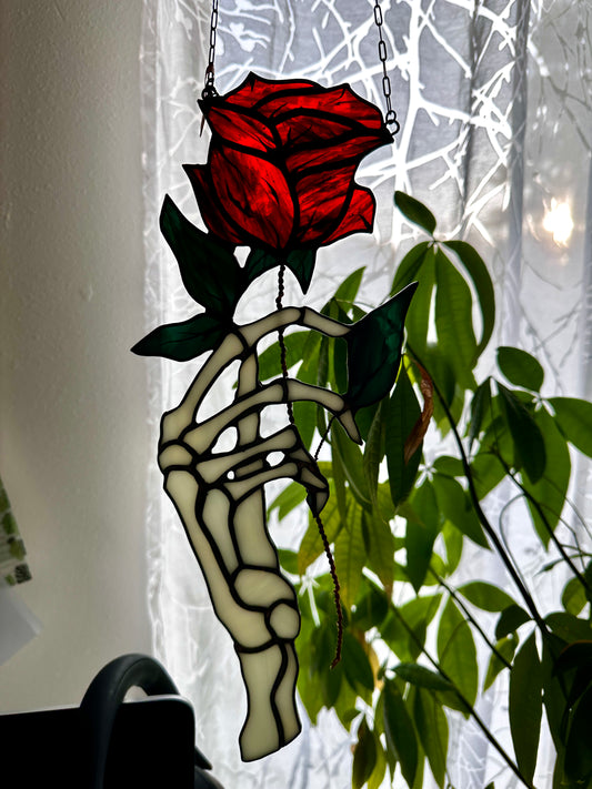Memento Amor - Stained Glass Skeleton Rose Suncatcher