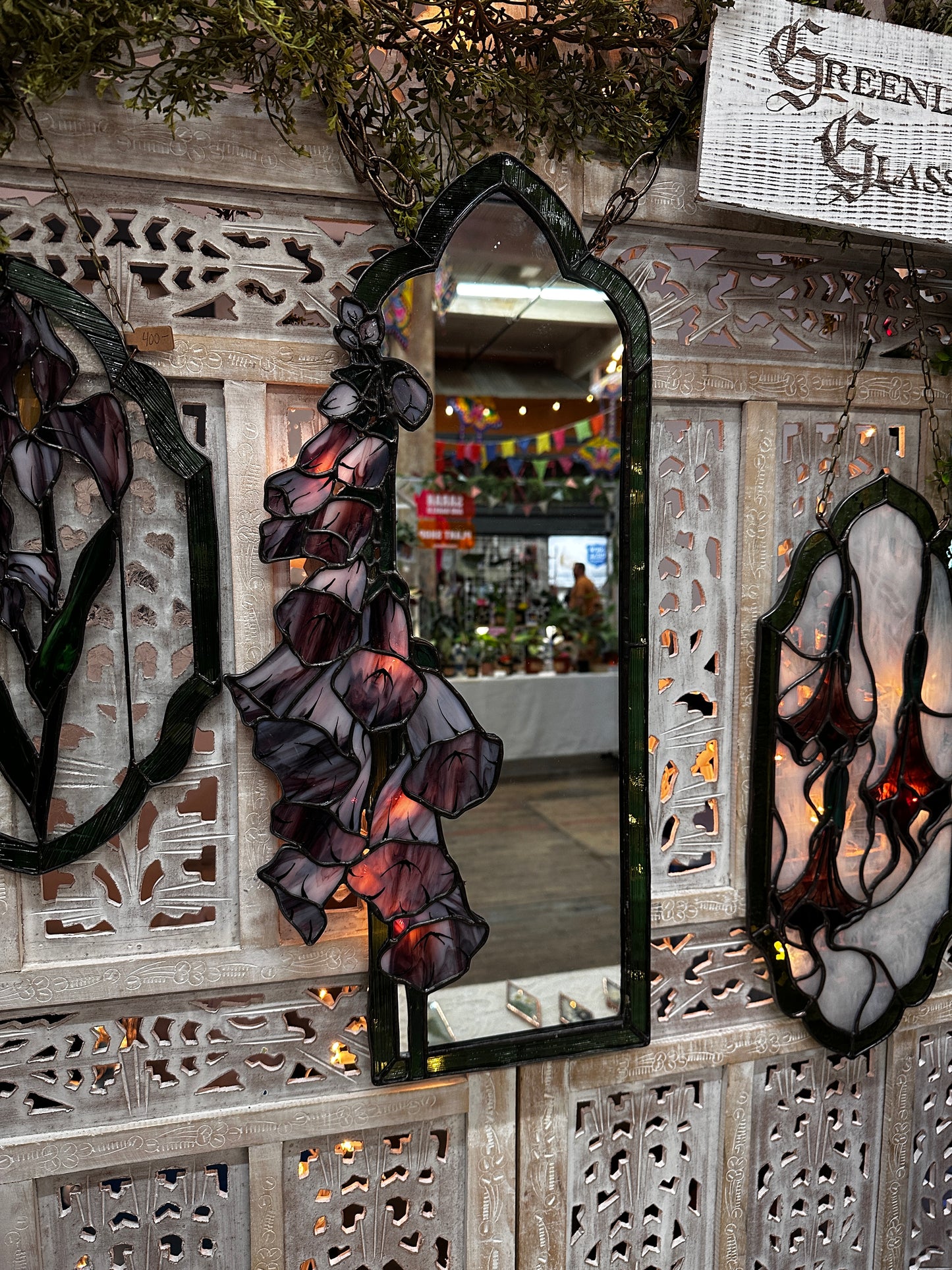Gaze Between the Veil - Stained Glass Foxglove Mirror