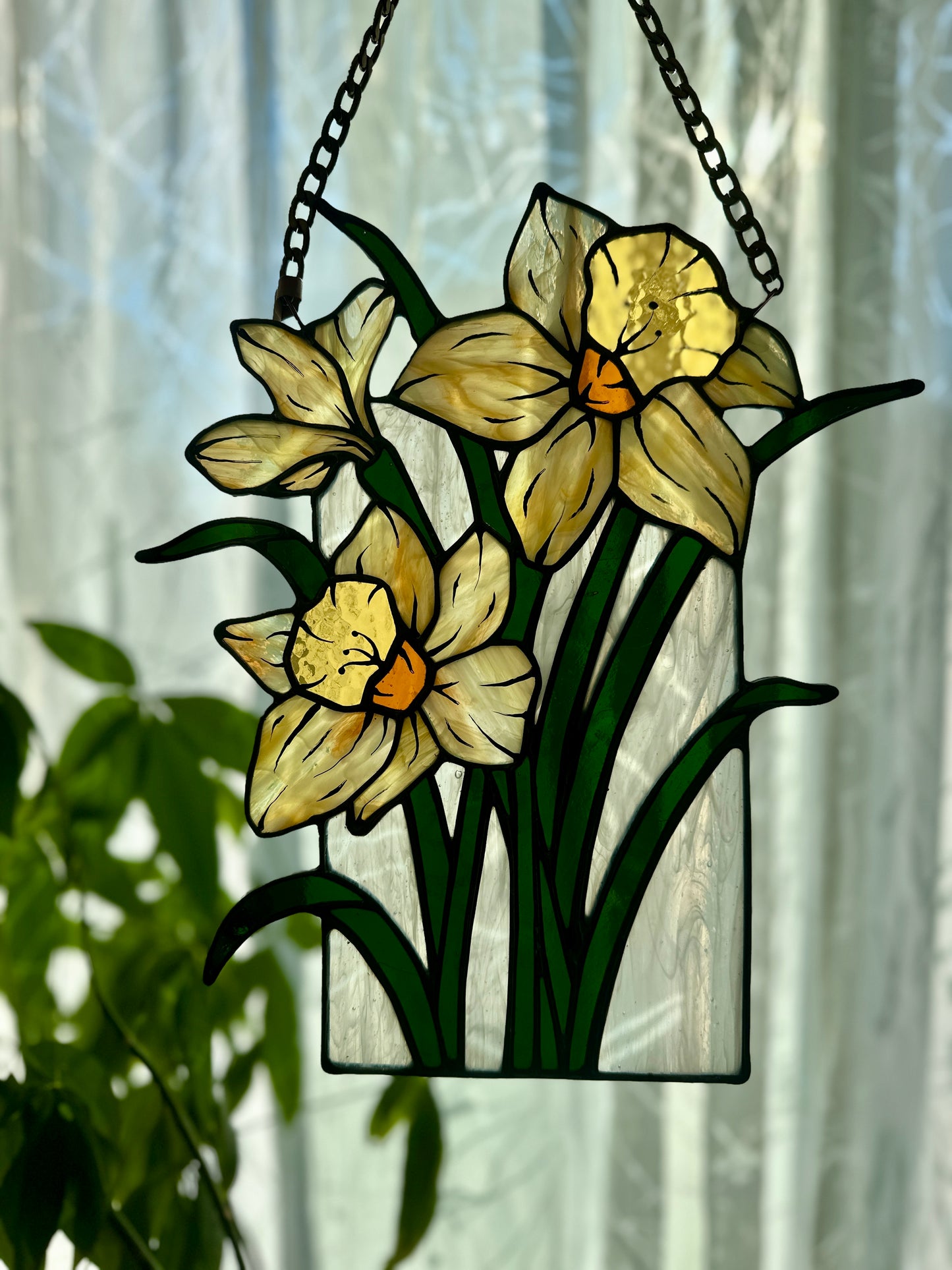 First to Bloom - Daffodil Stained Glass Panel