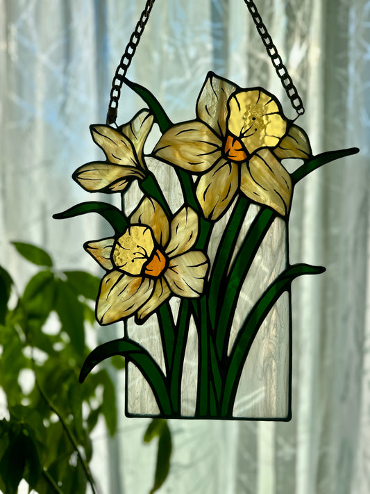 First to Bloom - Daffodil Stained Glass Panel
