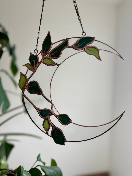 Evergreen Crescent - Stained Glass Botanical Moon Suncatcher