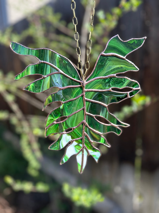 In Transition - Stained Glass Philodendron Selloum Botanical Leaf Sun Catcher