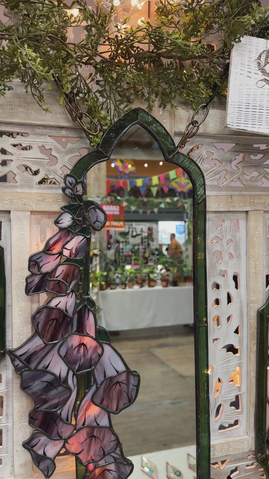 Gaze Between the Veil - Stained Glass Foxglove Mirror